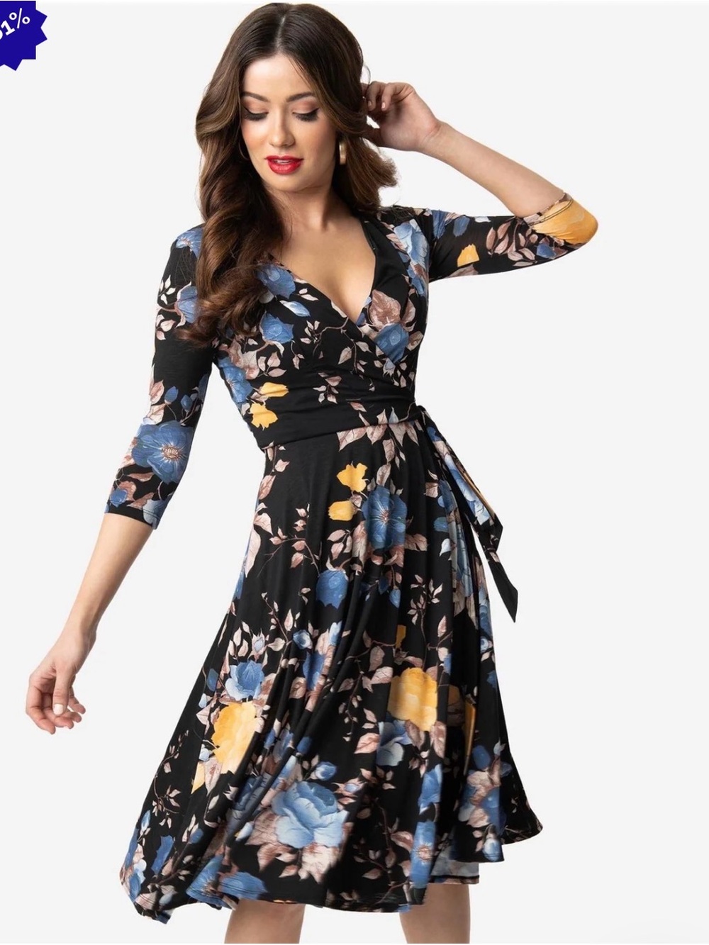 Unique Vintage Kelsie Floral Wrap Midi Dress $175 M